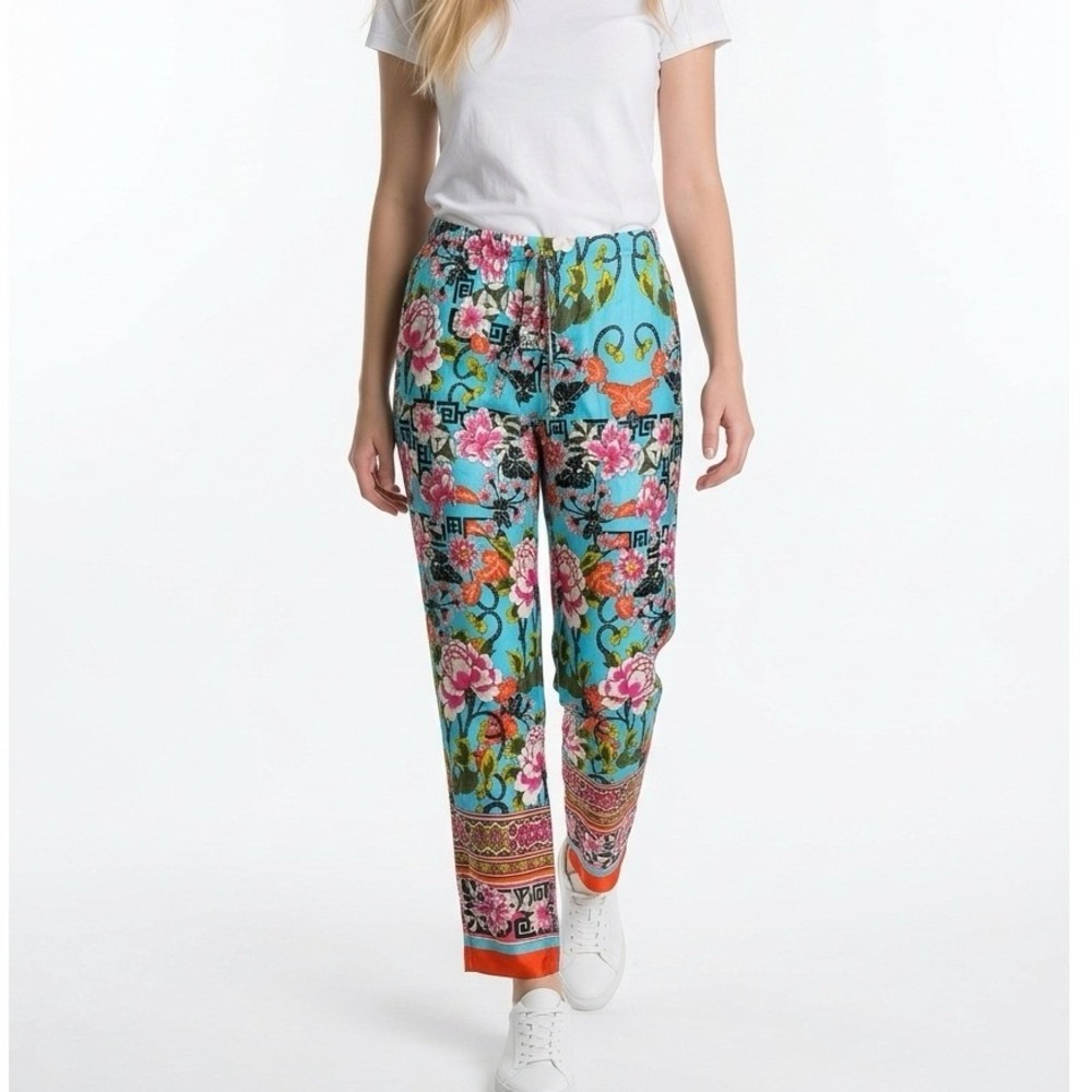 Natori Blue Floral Greek Key Print Pajama Lounge Pants Women's Med Satin Luxury